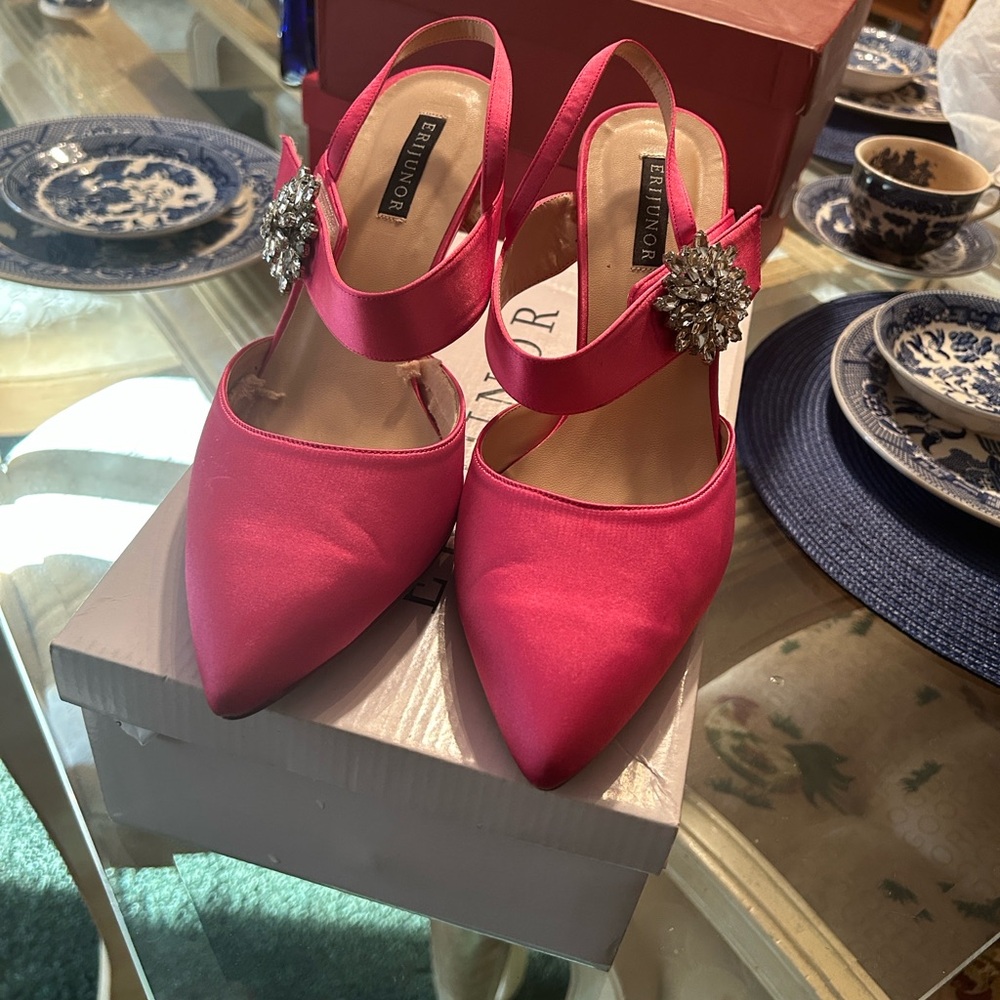 Betsey Johnson Pink Satin Heels with Sparkling Brooch